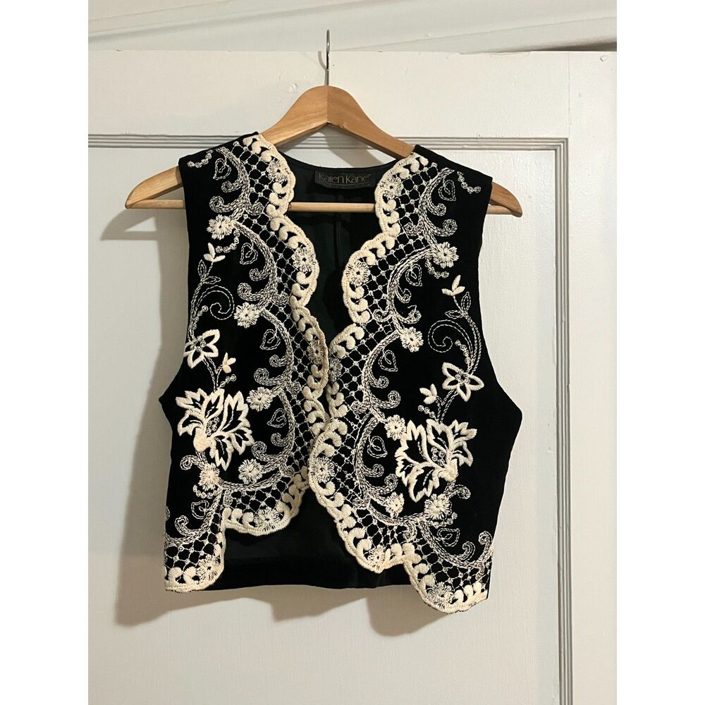 Karen Kane black floral embroidered lace trim vest